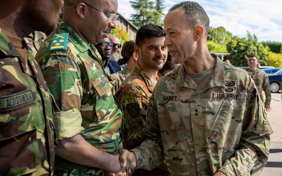 Maj. Gen. Andrew Gainey, commander of U.S. Army Southern European Task Force, Africa, greets participants at the SETAF-AF medical readiness event in Vicenza, Italy, on Sept. 16, 2024. 