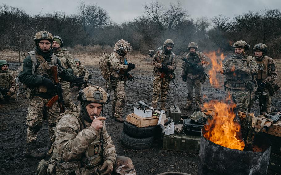 Ukraine military recruits conduct training in February 2024.