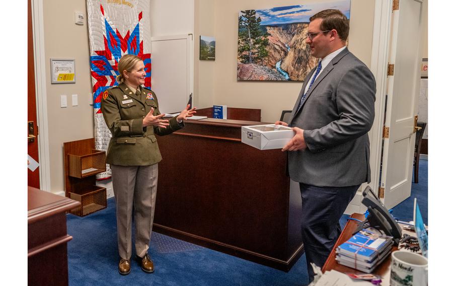 Col. Jessica R. Carter, the Army Budget Liaison Chief, delivers U.S. Army birthday cupcakes to various offices at Capitol Hill in recognition of the U.S. Army’s 249th Birthday in Washington, D.C., June 12, 2024.  