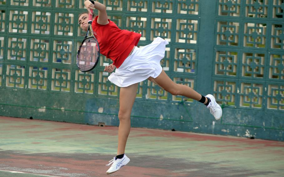 Nile C. Kinnick's Aiisha Lashley fell 3-6, 6-3, 10-6 to E.J. King's Moa Best during Wednesday's Far East tennis tournament girls semifinals.