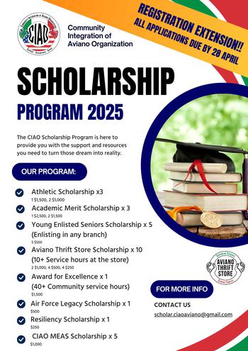 Flyer advertises eight scholarships that the community can apply for by April 28th, 2025. Contact CIAO for more information at scholar.ciaoaviano@gmail.com