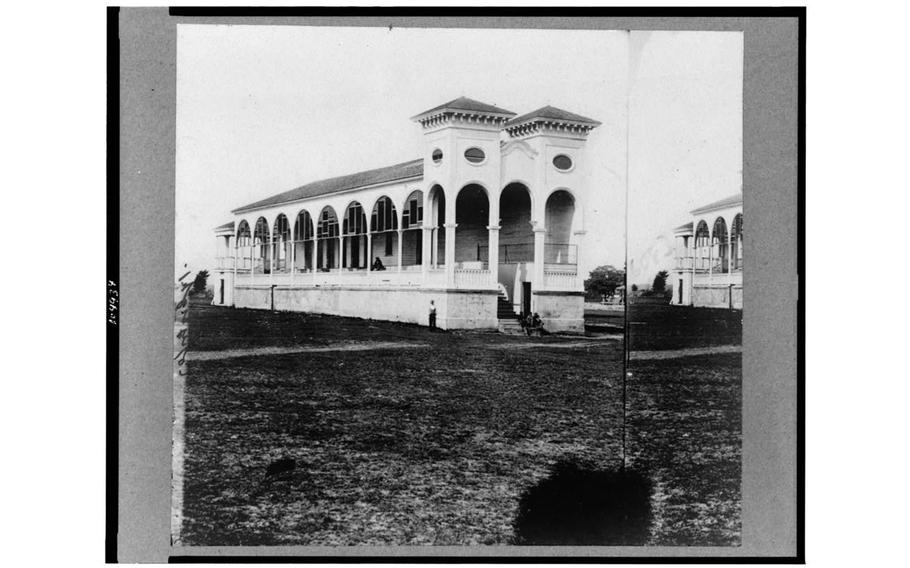 The clubhouse at the Charleston racecourse, where Union officers were confined, in April 1865.