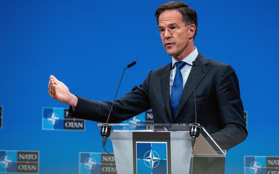 NATO Secretary General Mark Rutte holds the closing press conference at the NATO headquarters on the second day of the NATO Foreign Affairs Ministers' meeting on Dec. 04, 2024, in Brussels, Belgium. The meeting taking place from December 3-4 is chaired by the new NATO Secretary General, Mark Rutte, who stepped into the role on October 1. (Omar Havana/Getty Images/TNS)