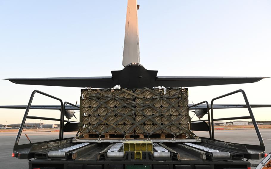 Pallets of ammunition are loaded onto an 86th Airlift Wing C-130J Super Hercules on Ramstein Air Base, Germany, Aug. 7, 2022.