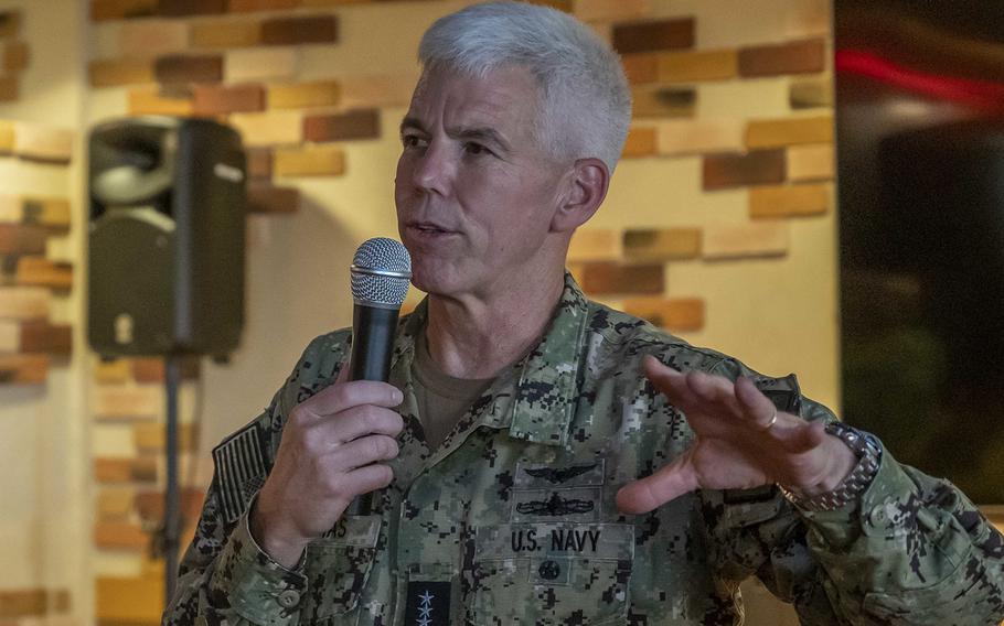 Vice Adm. Karl Thomas, commander, U.S. 7th Fleet,  speaks during an event on Okinawa, Japan, on Aug. 2, 2022. 