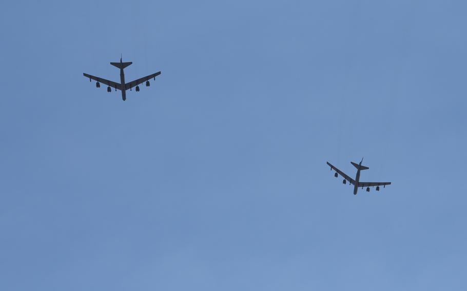 Two B-52 Stratofortresses assigned to the 23rd Bomb Squadron at Minot Air Force Base, N.D., fly over Dyess Air Force Base, Texas, July 15, 2024. 