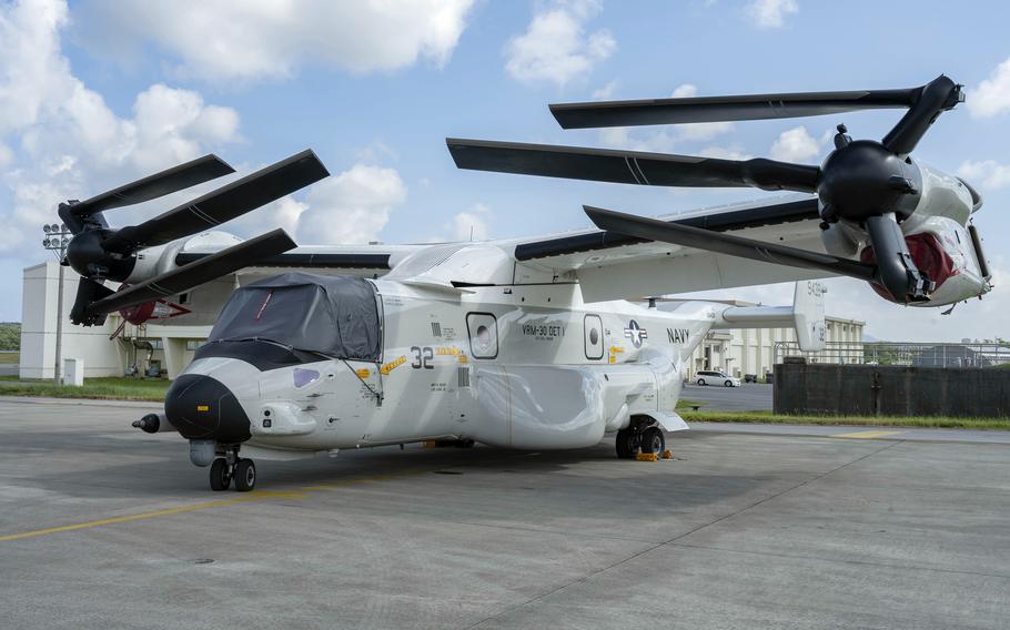 A CMV-22B Osprey sits on the tarmac at Kadena Air Base, Okinawa, Aug. 31, 2021. 