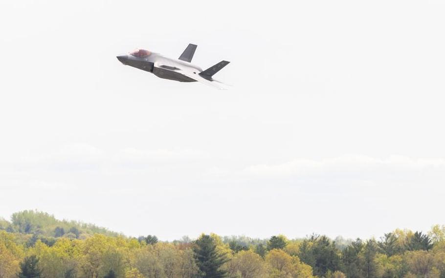 An F-35A Lightning II fighter jet flies over Westfield Barnes Air National Guard Base, May 9, 2023.