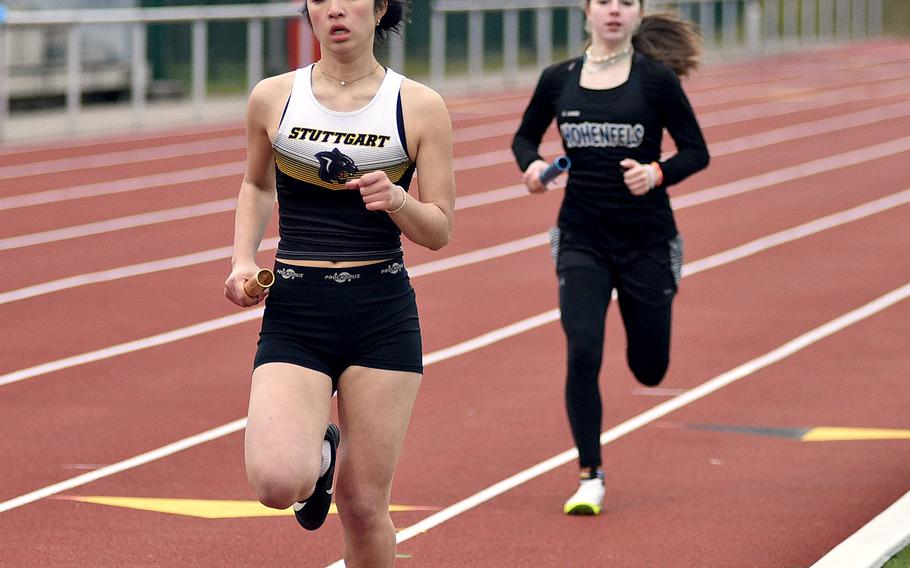 Careese Chang leads in the sprint relay.