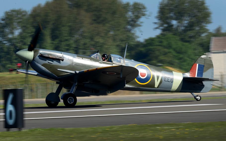 A vintage British Spitfire arrives at Royal Air Force Lakenheath, England, in May 2018. Britain’s Royal Air Force will ground a fleet of World War II-era aircraft following a deadly crash of one of its Spitfire fighters, the warplane famous for resisting the German Luftwaffe in the 1940 Battle of Britain.