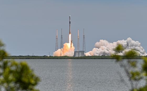 A Falcon 9 rocket carrying a GPS satellite launches from Cape Canaveral Space Force Station, Fla., June 17, 2021. This was the second launch and landing of this Falcon 9 stage booster, which previously supported launch of GPS lll Space Vehicle 04. (U.S. Space Force photo by Airman 1st Class Dakota Raub)