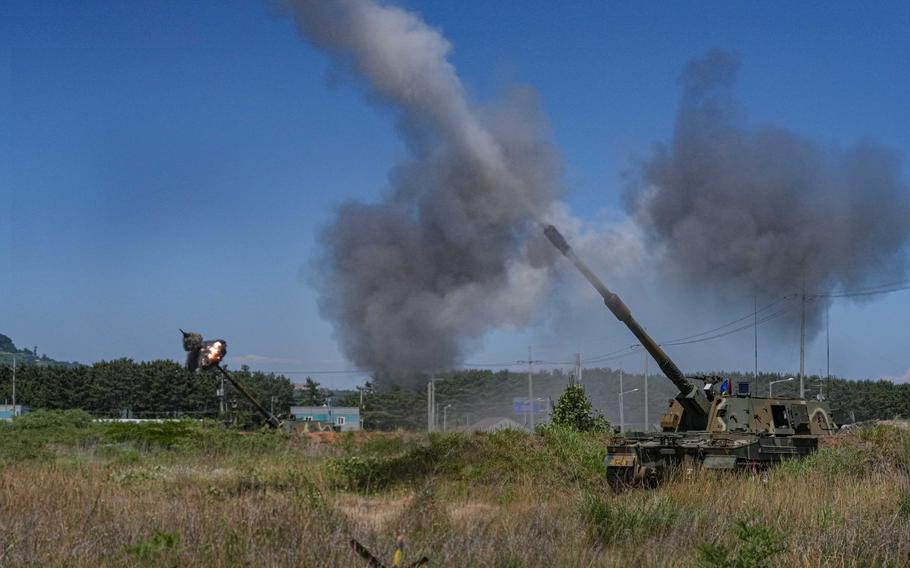South Korean marines conduct a live-fire drill using K-9 Thunder howitzers from Yeonpyeong Island, South Korea, June 26, 2024. 