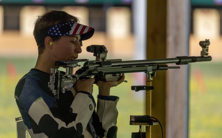 Army Sgt. Sagen Maddalena of the United States competes in the 50m rifle 3 positions women’s qualification round at the 2024 Summer Olympics, Thursday, Aug. 1, 2024, in Chateauroux, France. 