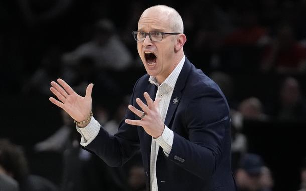 UConn coach Dan Hurley calls towards his players during an NCAA tournament game against Illinois on March 30, 2024.