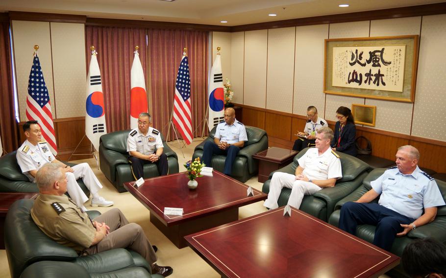 Top military leaders from the U.S., Japan and South Korea, including Air Force Gen. Charles "CQ" Brown, chairman of the Joint Chiefs of Staff, meet at Camp Ichigaya, Tokyo, Thursday, July 18, 2024. 