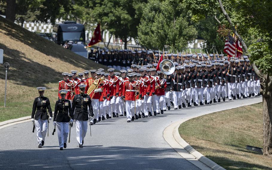 Marines from the Marine Band “The President’s Own” and Marine Barracks Washington conduct military funeral honors with funeral escort for retired Gen. Alfred Gray Jr., the 29th Commandant of the Marine Corps, in Section 35 of Arlington National Cemetery, Arlington, Va., July 29, 2024. 