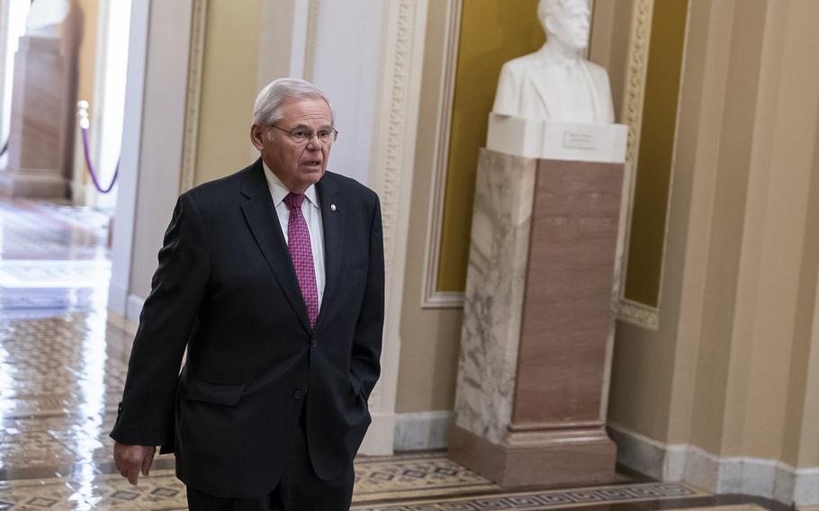 Sen. Bob Menendez, D-N.J., walks into the Senate chamber on April 16, 2024.