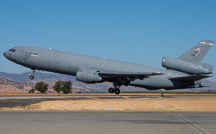 A KC-10 Extender takes off from Travis Air Force Base, Calif. The aircraft is being decommissioned after 44 years of servce.