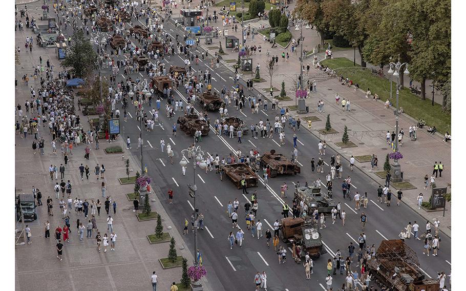 Destroyed Russian armored military vehicles are on display on Ukraine’s Independence Day in Kyiv, on Aug. 24, 2023, amid the Russian invasion of Ukraine. 