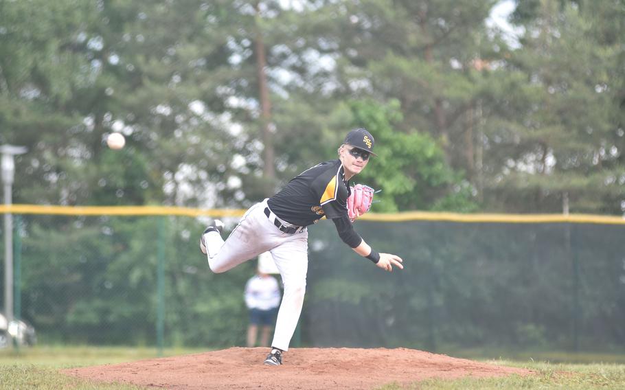 Who is that masked man? It's Stuttgart pitcher Jackson Boggs, who started for the Panthers in the DODEA European Division I championship game and also drove in four runs Friday, May 24, 2024, at Ramstein Air Base, Germany.