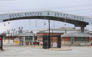 Naval Station Great Lakes entrance along Buckley Road on April 14, 2020 in Great Lakes. (Stacey Wescott/Chicago Tribune)