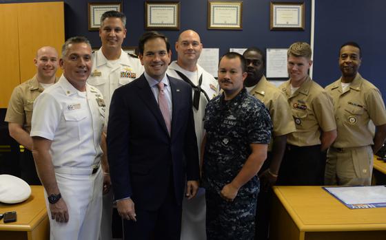 150903-N-FU443-015 CHATTANOOGA, Tenn. (Sept. 3, 2015) Sen. Marco Rubio, center, poses for a group photo with members of Navy Recruiting District Nashville, including the Sailors assigned to Navy Recruiting Station Chattanooga, during a visit to Chattanooga. (U.S. Navy photo by Mass Communication Specialist 1st Class Timothy Walter/Released)