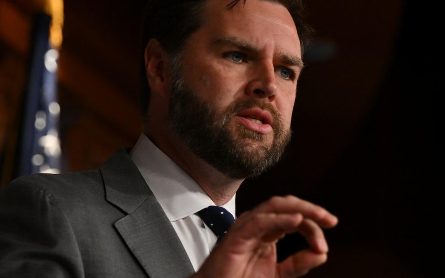 Sen. J.D. Vance (R-Ohio) speaks during a news conference on border security at the U.S. Capitol in May.