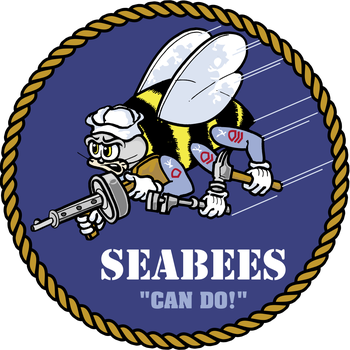 The logo of the Seabees. A buzzing bee holds construction tools and a rifle. Printed on the log are the words Seabees and Can Do.