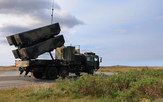 A Naval Strike Missile mobile launch vehicle is in raised firing position during exercise Northern Viking at Keflavik Air Base, Iceland, on Aug. 26, 2024.