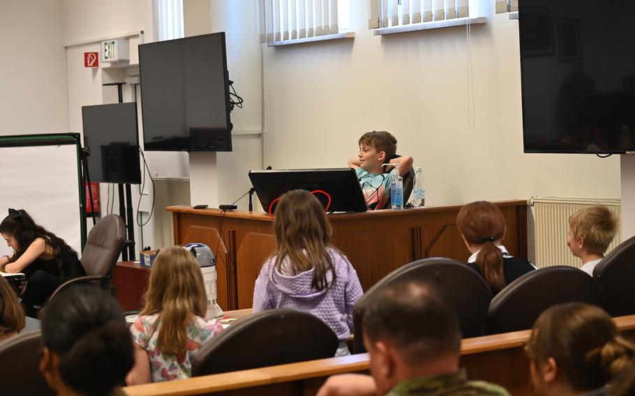 Hans Wegner, a fourth grader at Grafenwoehr Elementary School, channels his inner Han Solo on the witness stand in the mock trial of Luke Skywalker at Rose Barracks in Vilseck, Germany, on May 20, 2024.