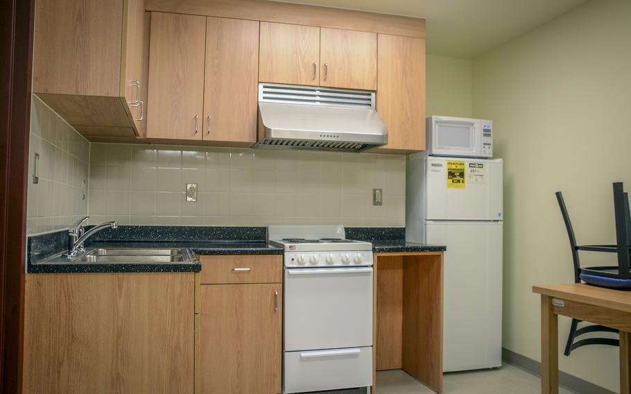 Each suite in the new barracks at Camp Humphreys, South Korea, includes two bedrooms and a shared bathroom and kitchen.