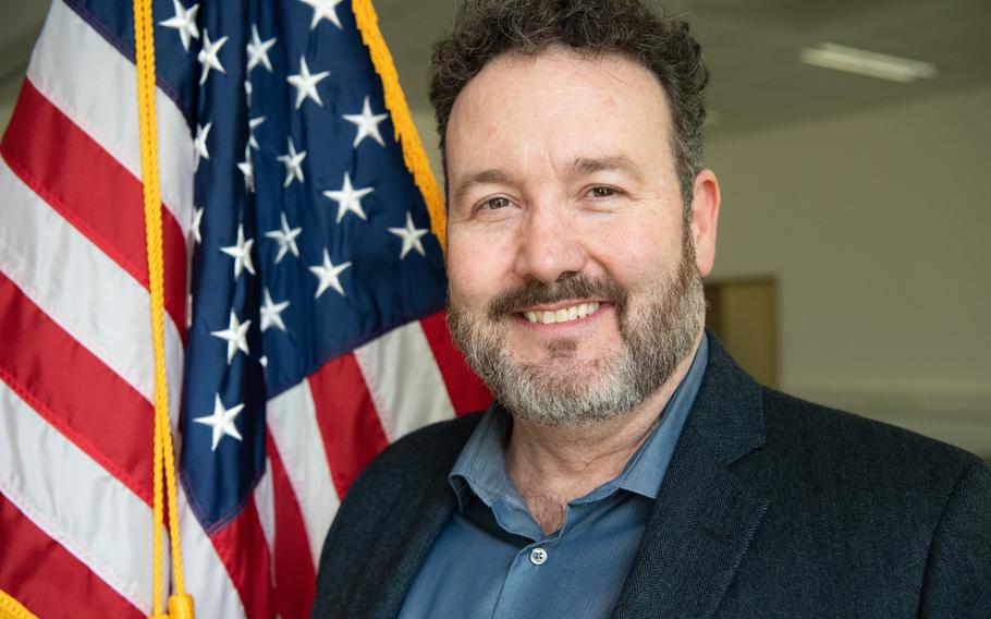 Mark Cox, a civilian employee of the Defense Department who works in Germany, is shown March 24, 2023. He is one of the inaugural members of the newly launched Local 14 of the American Federation of Government Employees. The union estimates that 10,000 U.S. government civilian employees in Europe are eligible for membership.