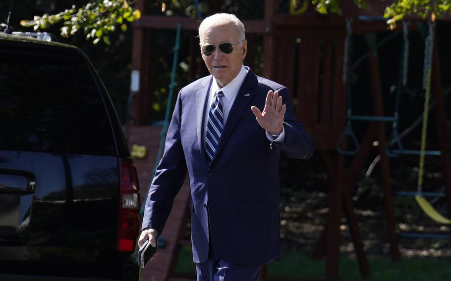 U.S. President Joe Biden walks on the South Lawn of the White House in Washington, D.C. before his departure to Philadelphia on Friday, Oct. 13, 2023.