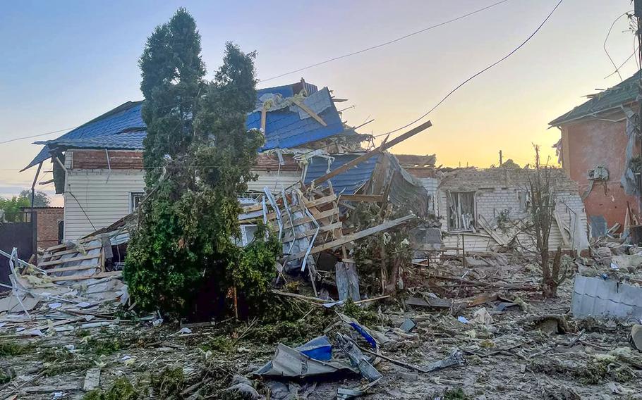 This photo released by the acting Governor of Kursk region Alexei Smirnov telegram channel on Tuesday, Aug. 6, 2024, shows a damaged house after shelling by the Ukrainian side in the city of Sudzha, Kursk region that borders Ukraine. 