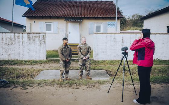 Oregon National Guard soldiers do press training Oct. 7, 2024, in Hohenfels, Germany, to practice talking with local media about their mission. Soldiers from the Guard unit will join a NATO peackeeping mission in Kosovo later this year.