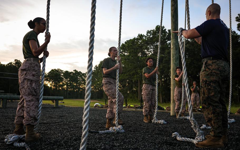 Recruits with Kilo Company, 3rd Recruit Training Battalion, conduct the Obstacle Course on Marine Corps Recruit Depot Parris Island, S.C., July 23, 2024. 