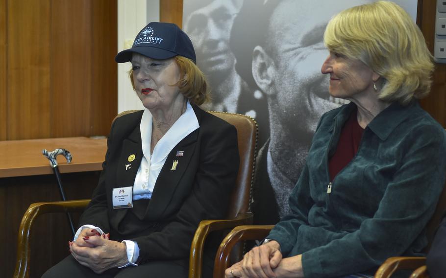 Vera Mitschrich (left) shares her experience living through the Berlin Airlift as a young girl at the 75th anniversary celebration in Wiesbaden, Germany, June 16, 2024.