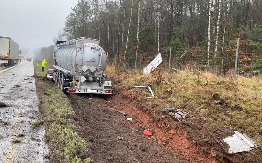 In an attempt to make room for a passing vehicle, a 35-year-old tractor-trailer driver went off-roading on highway A6 near Kaiserslautern, Germany, and got stuck.