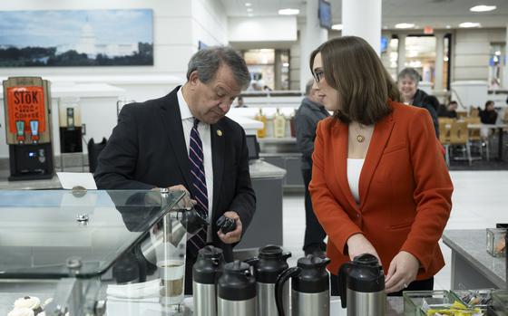 Rep. George Latimer (D-New York) and McBride speak in the cafeteria of the Longworth House Office Building. MUST CREDIT: Marvin Joseph for The Washington Post