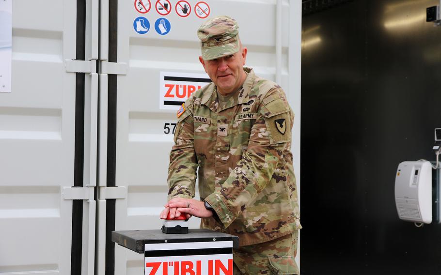 Col. Aaron Southard hosts a ceremony signifying the start of a new system to filter toxic chemicals from the groundwater U.S. Army Garrison Ansbach.