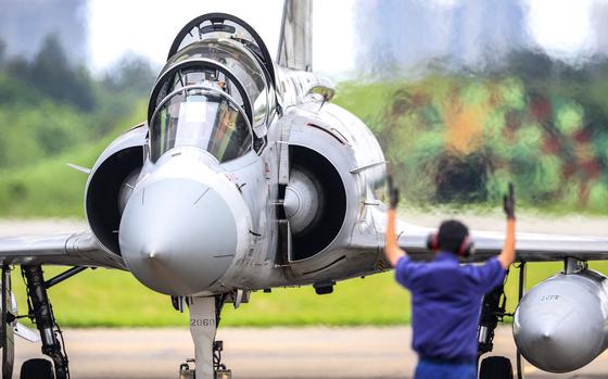 A Taiwanese Dassault Mirage 2000 fighter jet prepares for take off in this undated photograph.