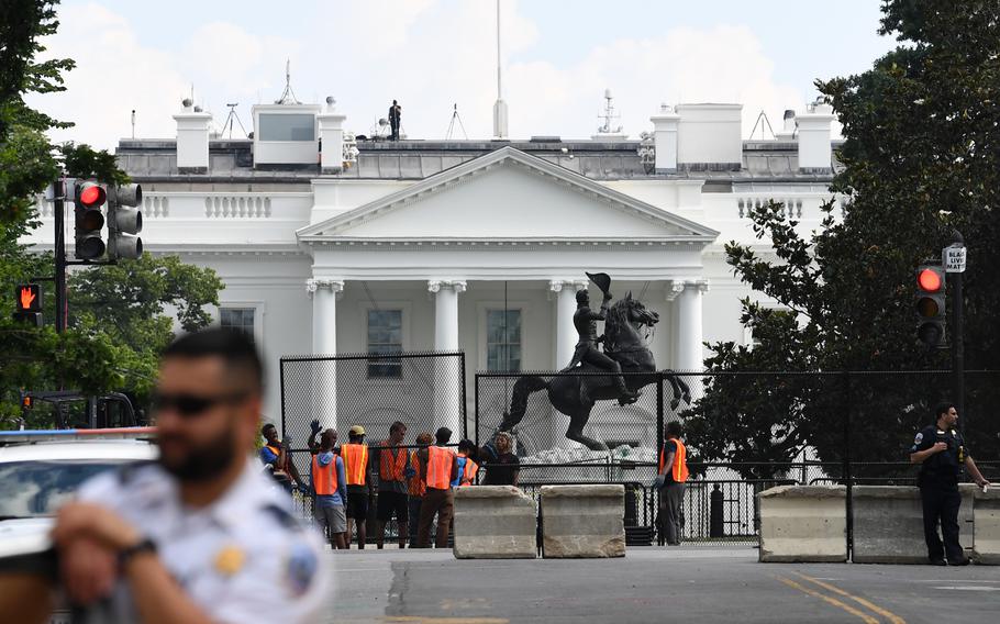 Fences go up around Lafayette square in June 2020.