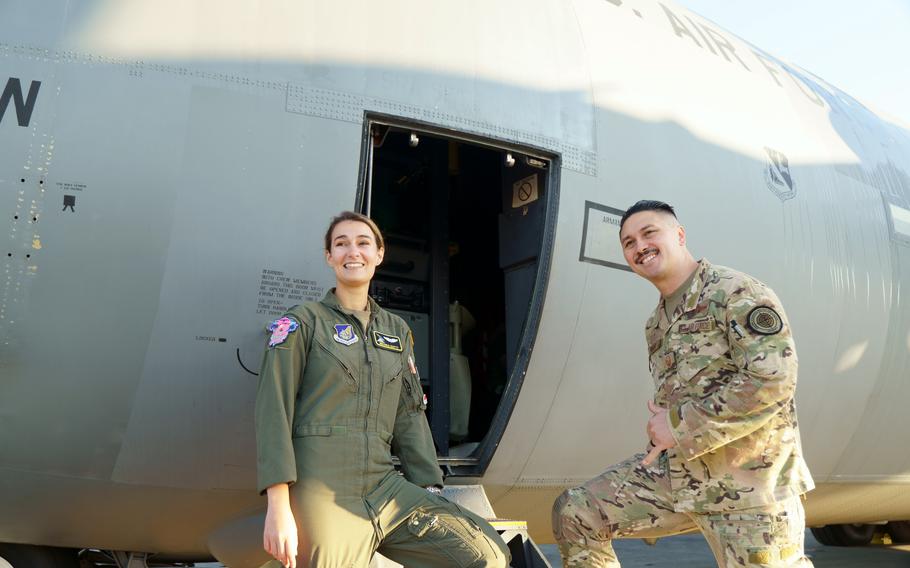 Capt. Miranda Bapty, a C-130J Super Hercules pilot with the 36th Expeditionary Airlift Squadron, and Master Sgt. Justin Magno, the loadmaster, prepare to depart Yokota Air Base, Japan, Monday, Nov. 27, 2023. The pair are set to participate in their first Operation Christmas Drop. 