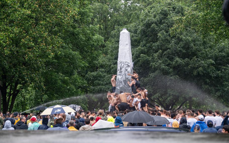 U.S. Naval Academy freshmen, or plebes, climb the Herndon monument, a tradition symbolizing the successful completion of the midshipmen’s freshman year. The class of 2027 completed the climb in 2 hours, 19 minutes and 11 seconds on May 15, 2024. 