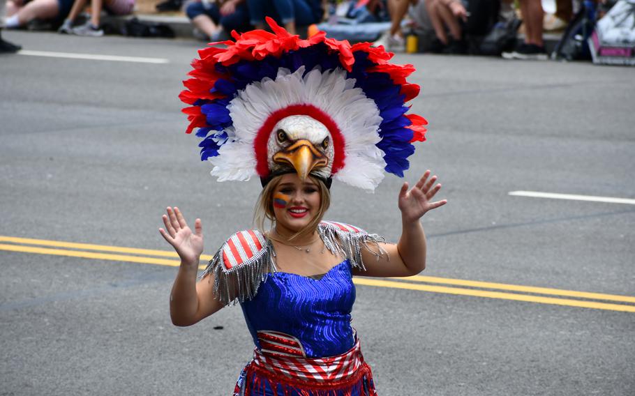 A Colombian woman dressed in a patriotic Eagle dance costume celebrates America’s Independence Day. A parade was held in Washington, D.C. on July 4, 2024.