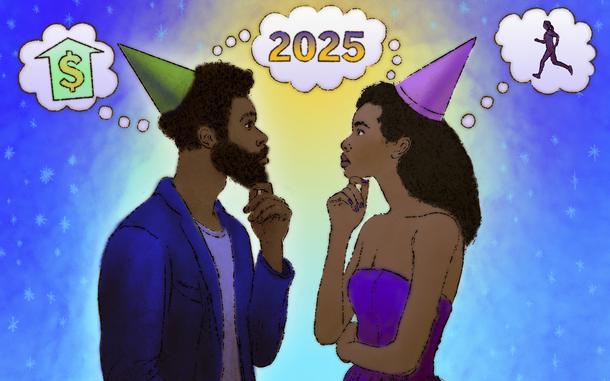 Illustration of a Black man and woman wearing party hats pondering their resolutions for the new year. In his thought bubble is a dollar sign inside a house and in hers is a person running. 