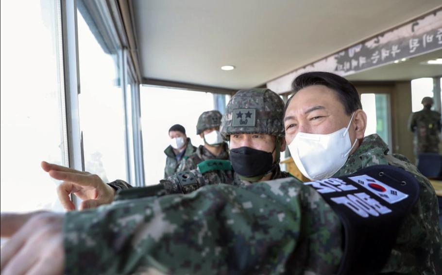 Then-South Korean presidential candidate Yoon Suk Yeol visits a military base at the Demilitarized Zone between North and South Korea, Dec. 20, 2021.