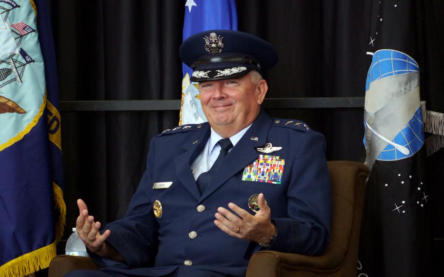 An Air Force general attends his change-of-command ceremony.