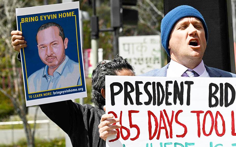 Friends, family members and colleagues of Eyvin Hernandez gather in Los Angeles on March 30, 2023, to call for action in his release from Venezuela on the one-year anniversary of his detention. On July 18, a coalition of Hernandez’s supporters held a rally at the U.S. Capitol urging that more be done to secure his release.