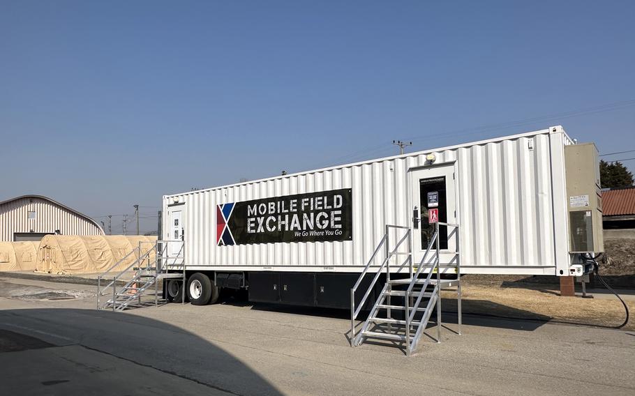  A tractor-trailer with a sign reading, “Mobile Field Exchange” is shown.